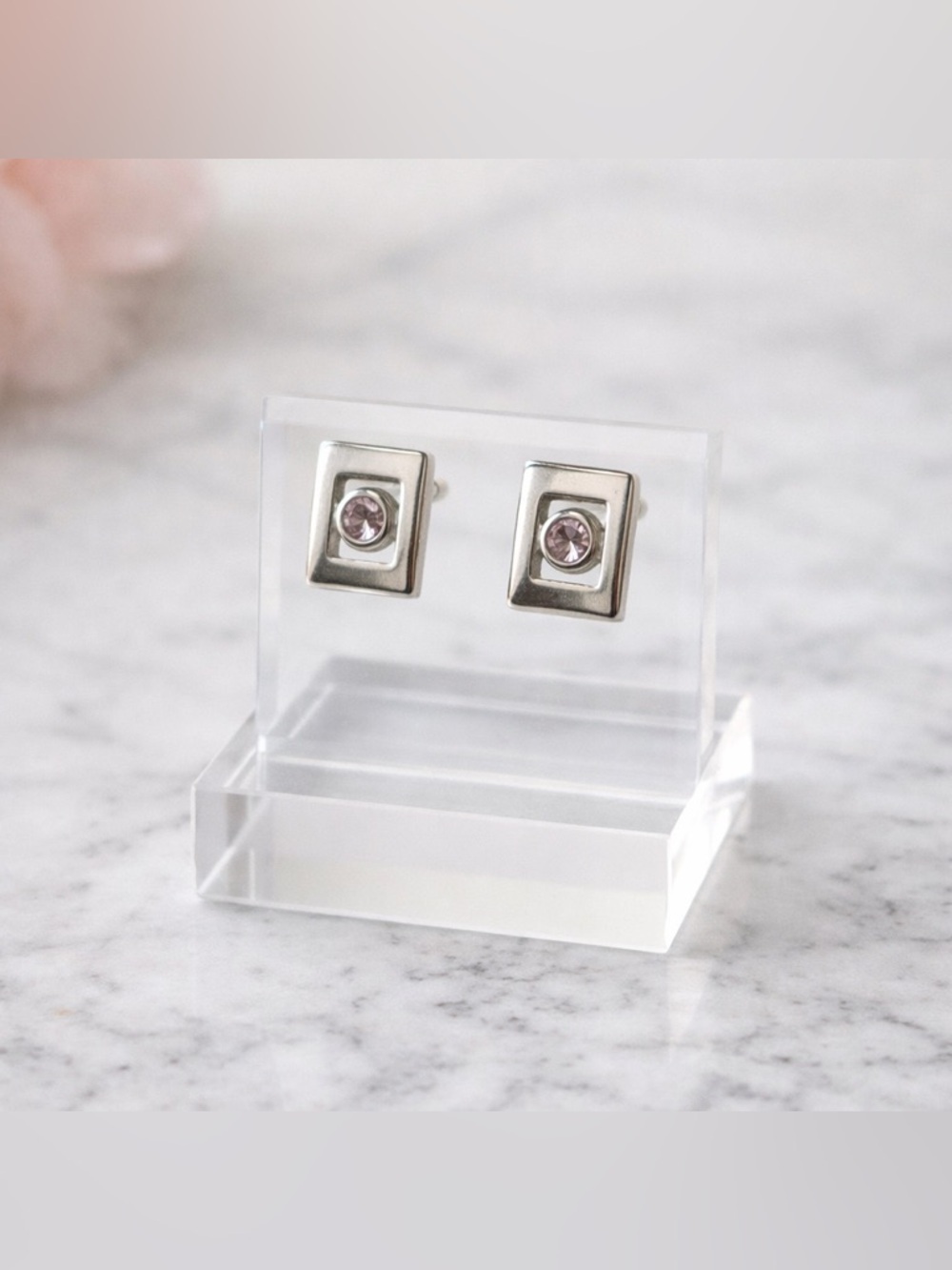 Silver Rectangle Pink Gem Stud Earrings Minimalist Elegant 6mm